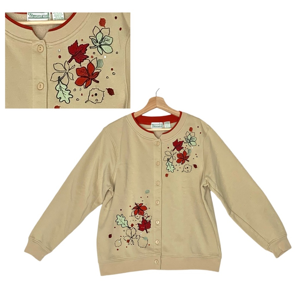 Vintage Shenanigans Cardigan Sweatshirt  Tan Medium Jeweled Embroidered Leafs